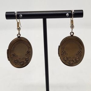 Floral Locket Oval Brass Tone Earrings Dangle Drop Hook Vintage Style Jewelry